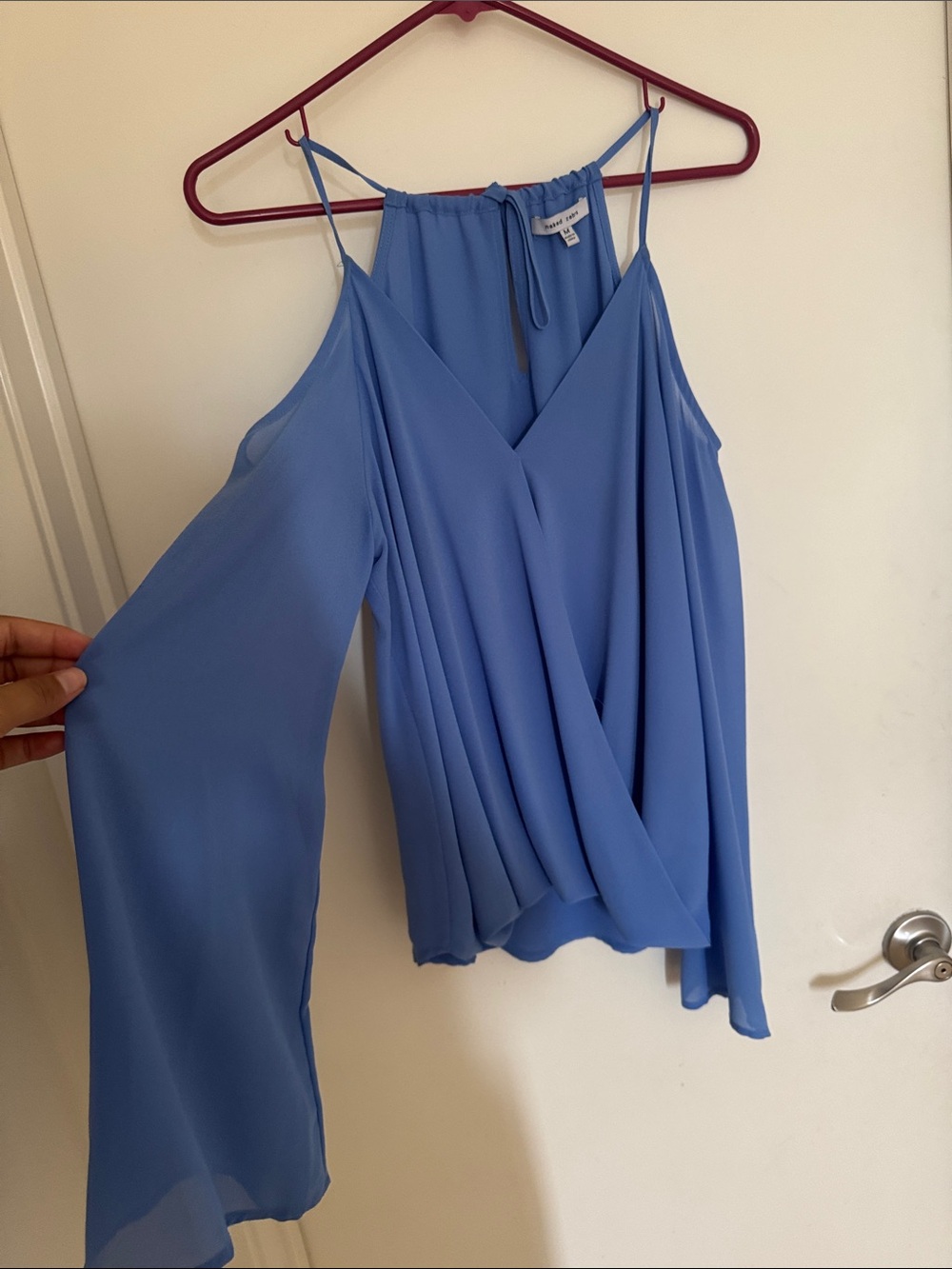 Naked Zebra Periwinkle Cold-Shoulder Wrap Blouse